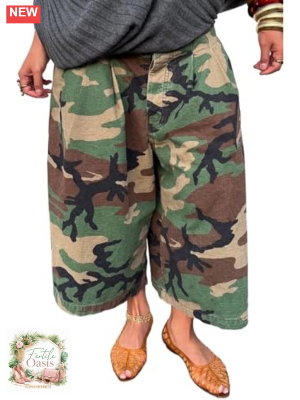 Seltaon Women's Camo Barrel Pants Baggy Cargo Capris Wide Leg Cropped
